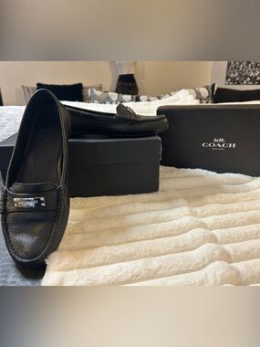 Coach Black Pebbled Leather Penny Loafers with Silver Plaque